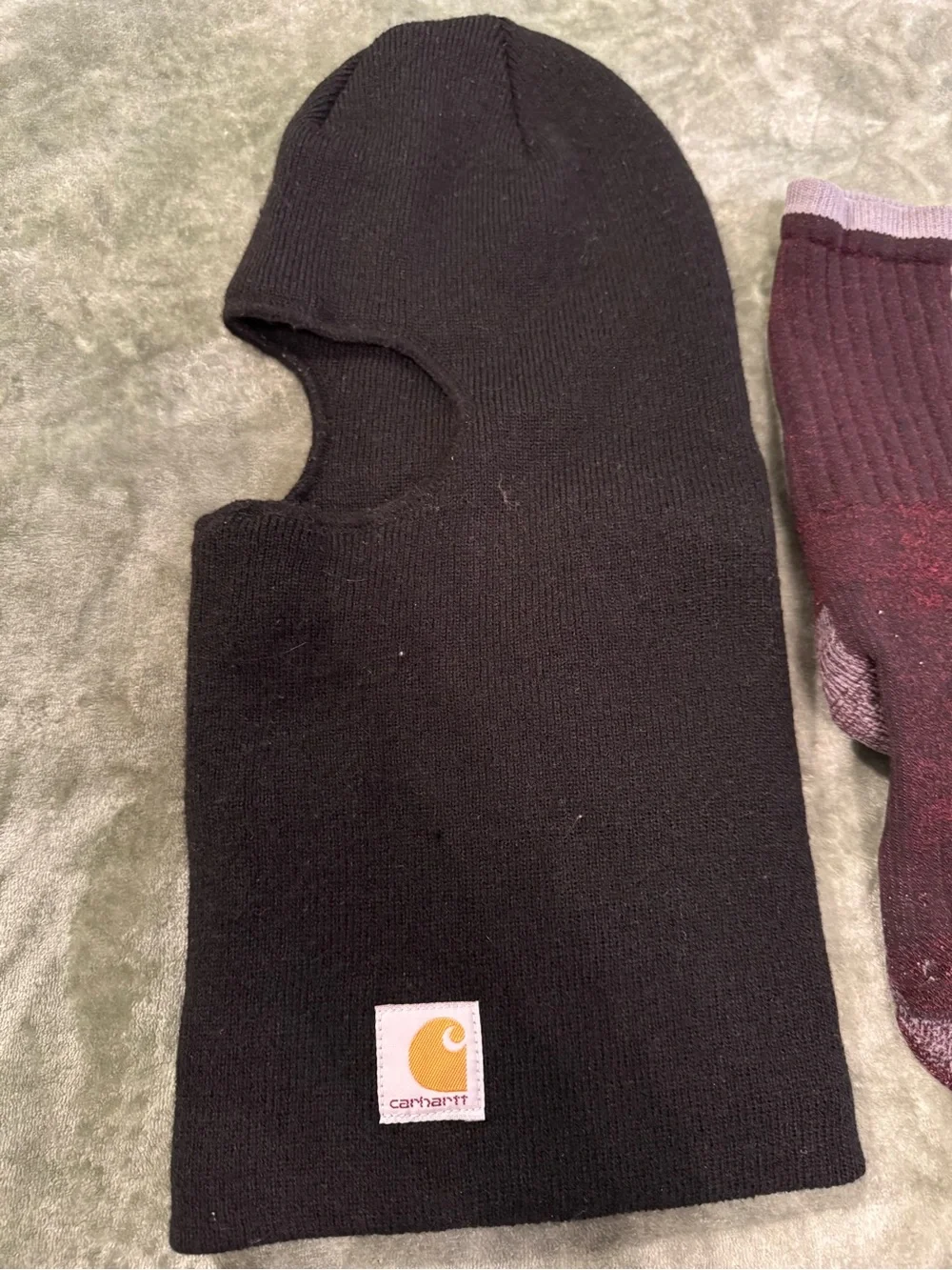 Carhartt Bundle Black Balaclava Face Mask & Medium Burgundy Gray Crew Socks